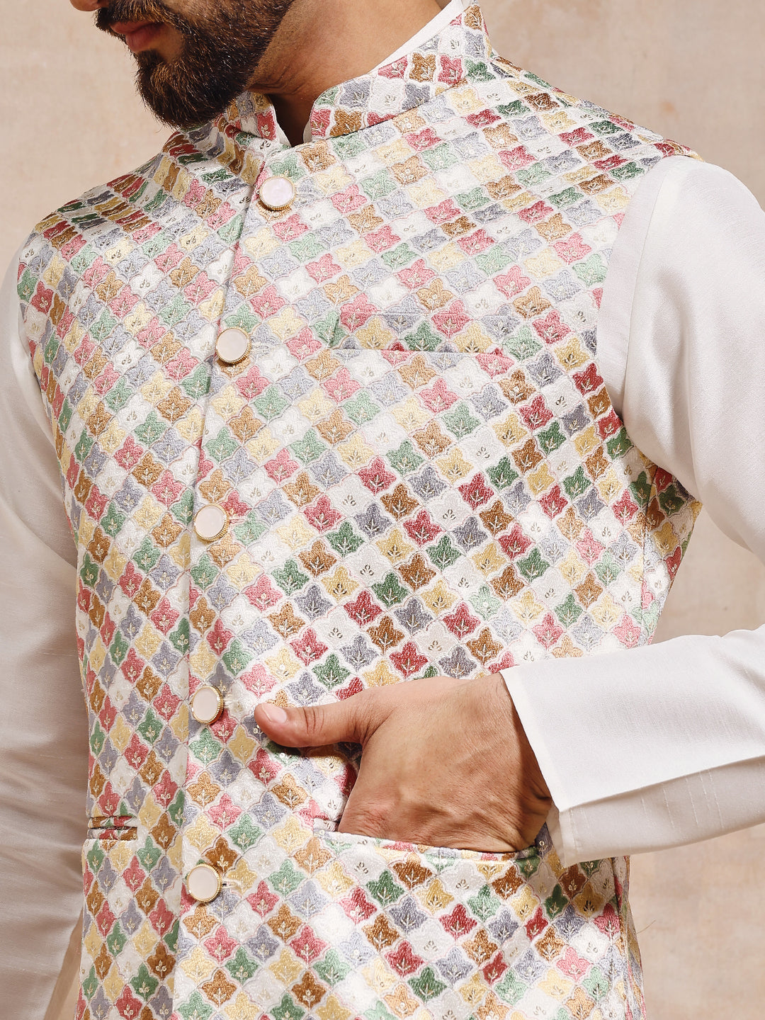 Men Multi White Nehru Jacket Set