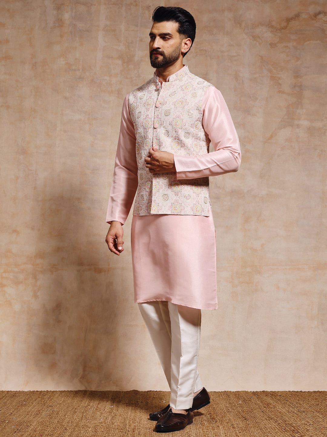 Magnet Men's Peach Pink Nehru Jacket Set