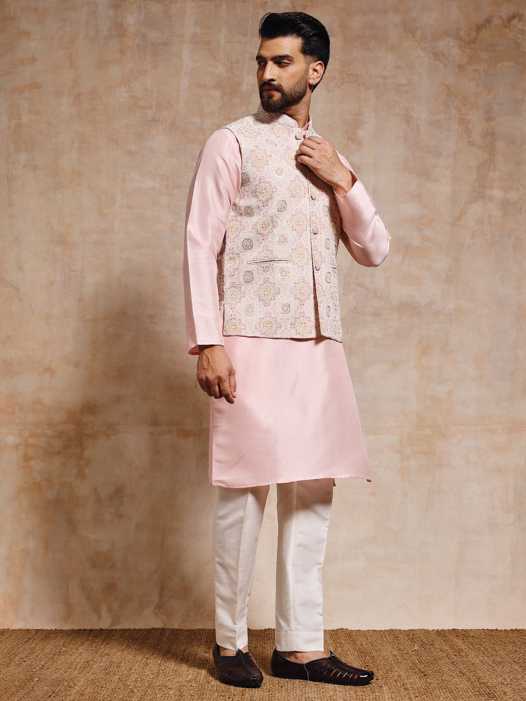 Magnet Men's Peach Pink Nehru Jacket Set