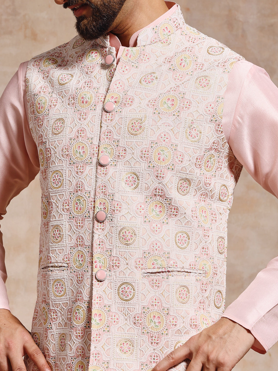 Magnet Men's Peach Pink Nehru Jacket Set