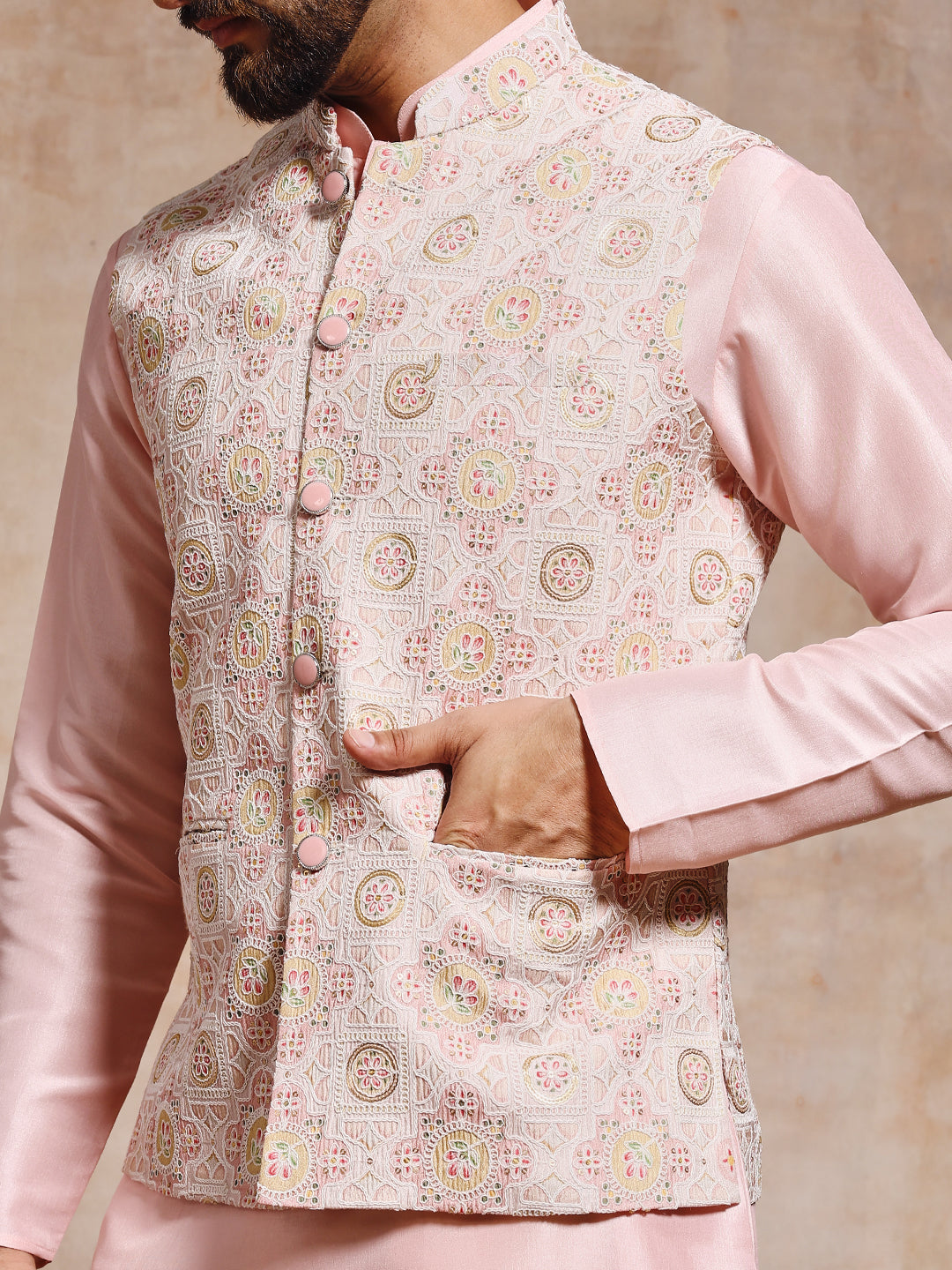 Magnet Men's Peach Pink Nehru Jacket Set