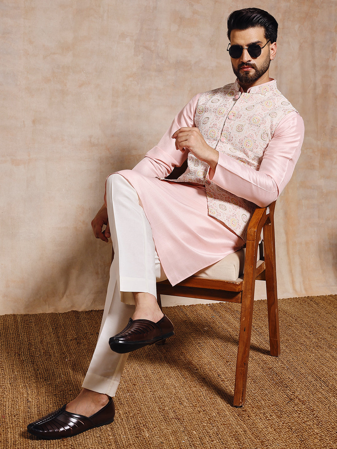 Magnet Men's Peach Pink Nehru Jacket Set