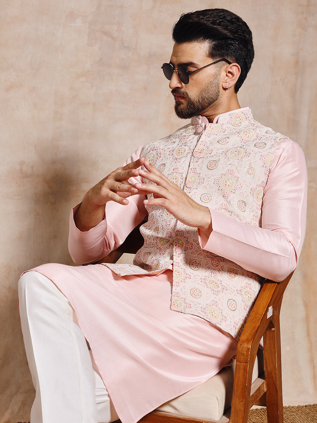 Magnet Men's Peach Pink Nehru Jacket Set