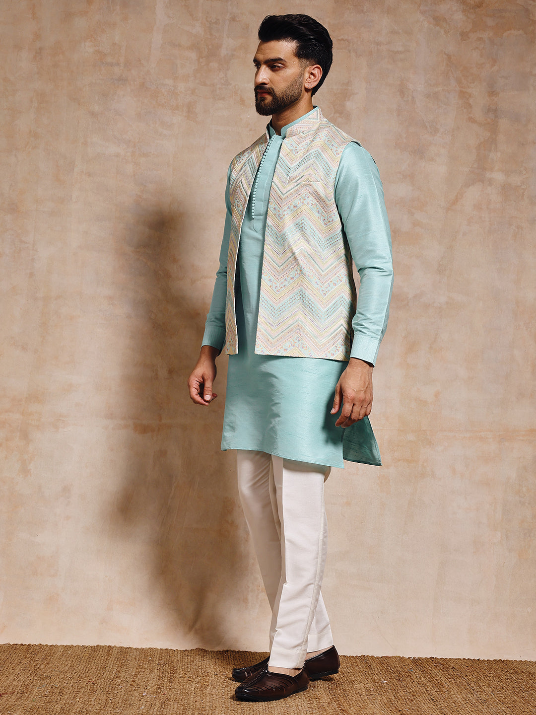 Magnet Men's Sea Green Nehru Jacket Set