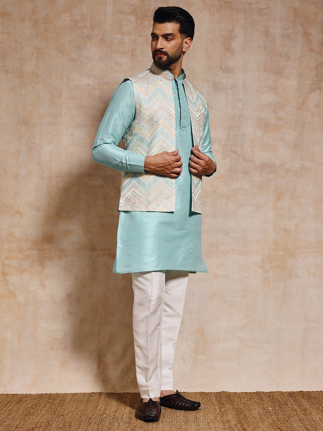 Magnet Men's Sea Green Nehru Jacket Set