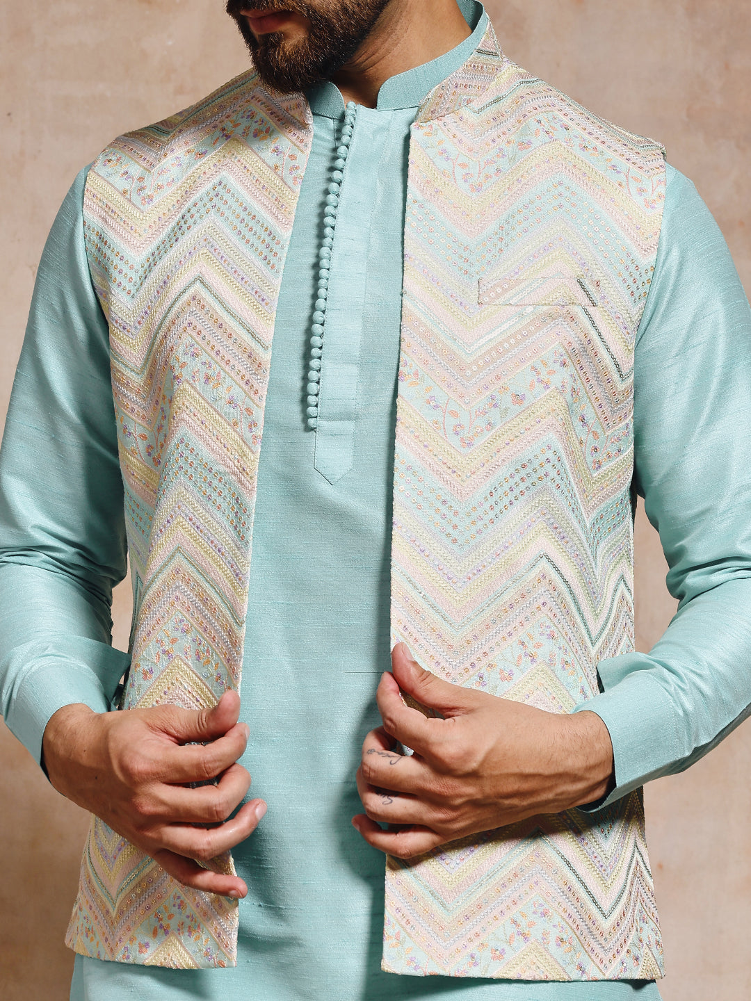 Magnet Men's Sea Green Nehru Jacket Set
