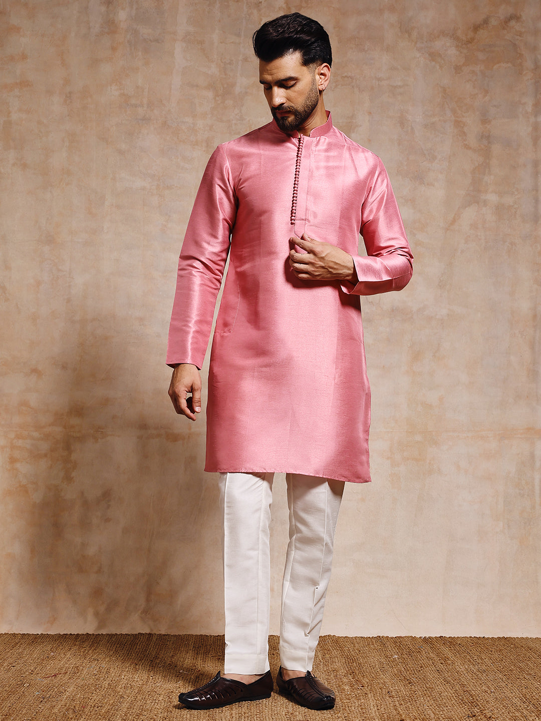 Men Rose Pink Nehru Jacket Set