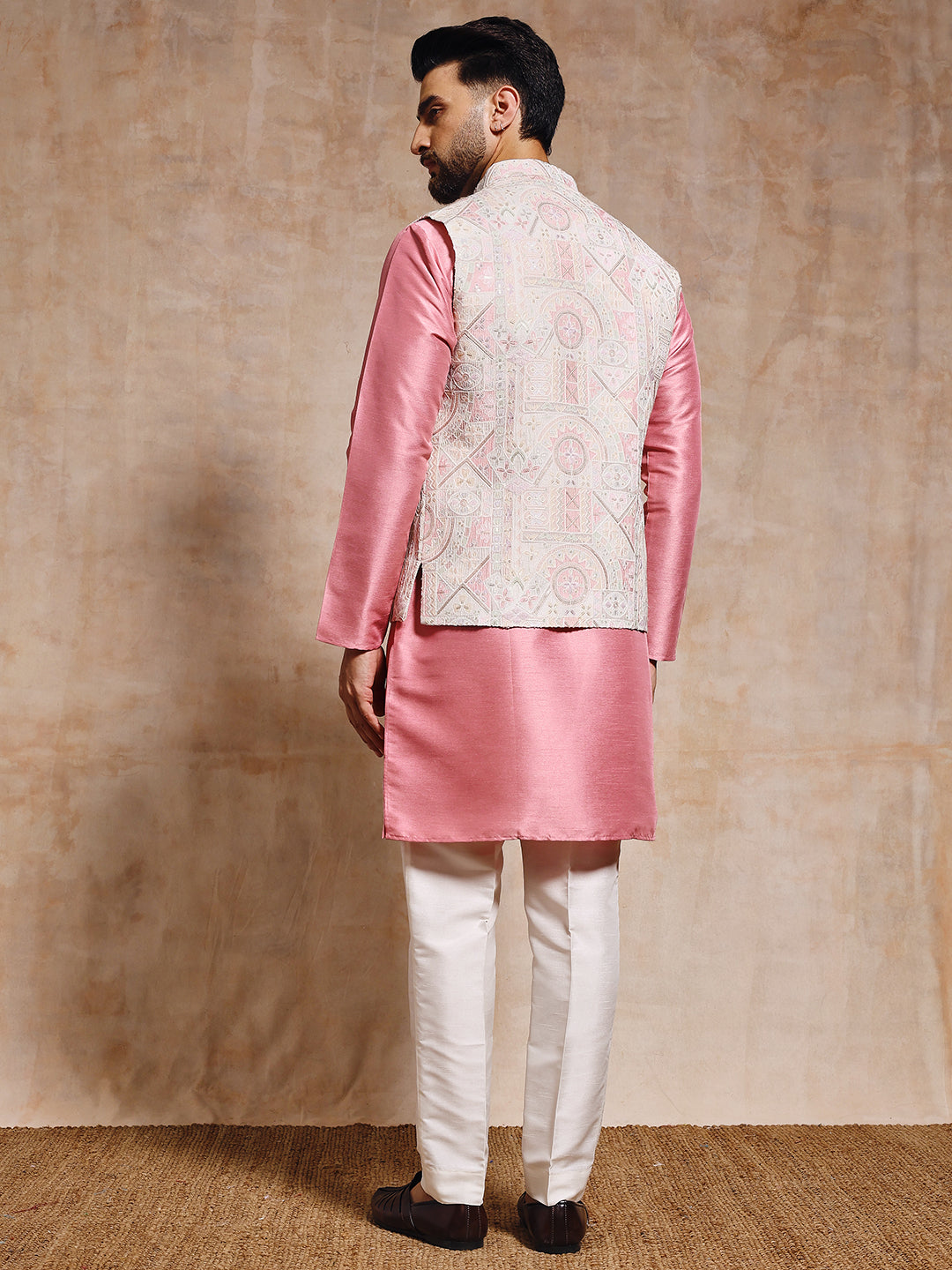 Men Rose Pink Nehru Jacket Set
