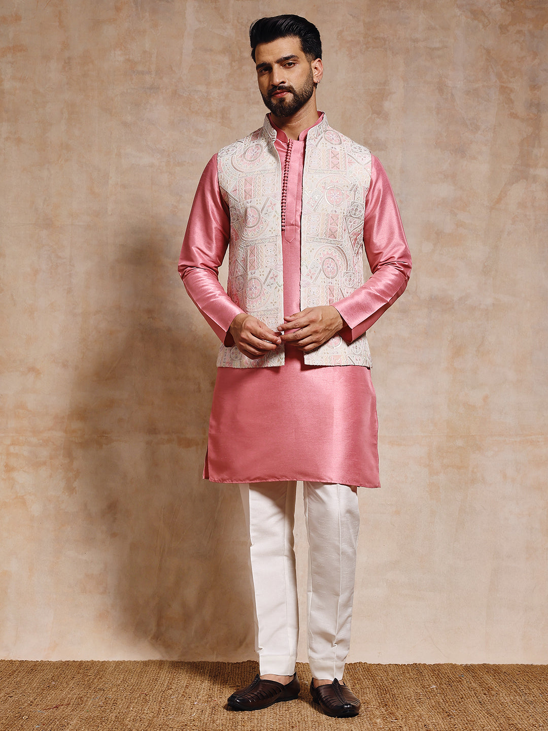 Men Rose Pink Nehru Jacket Set