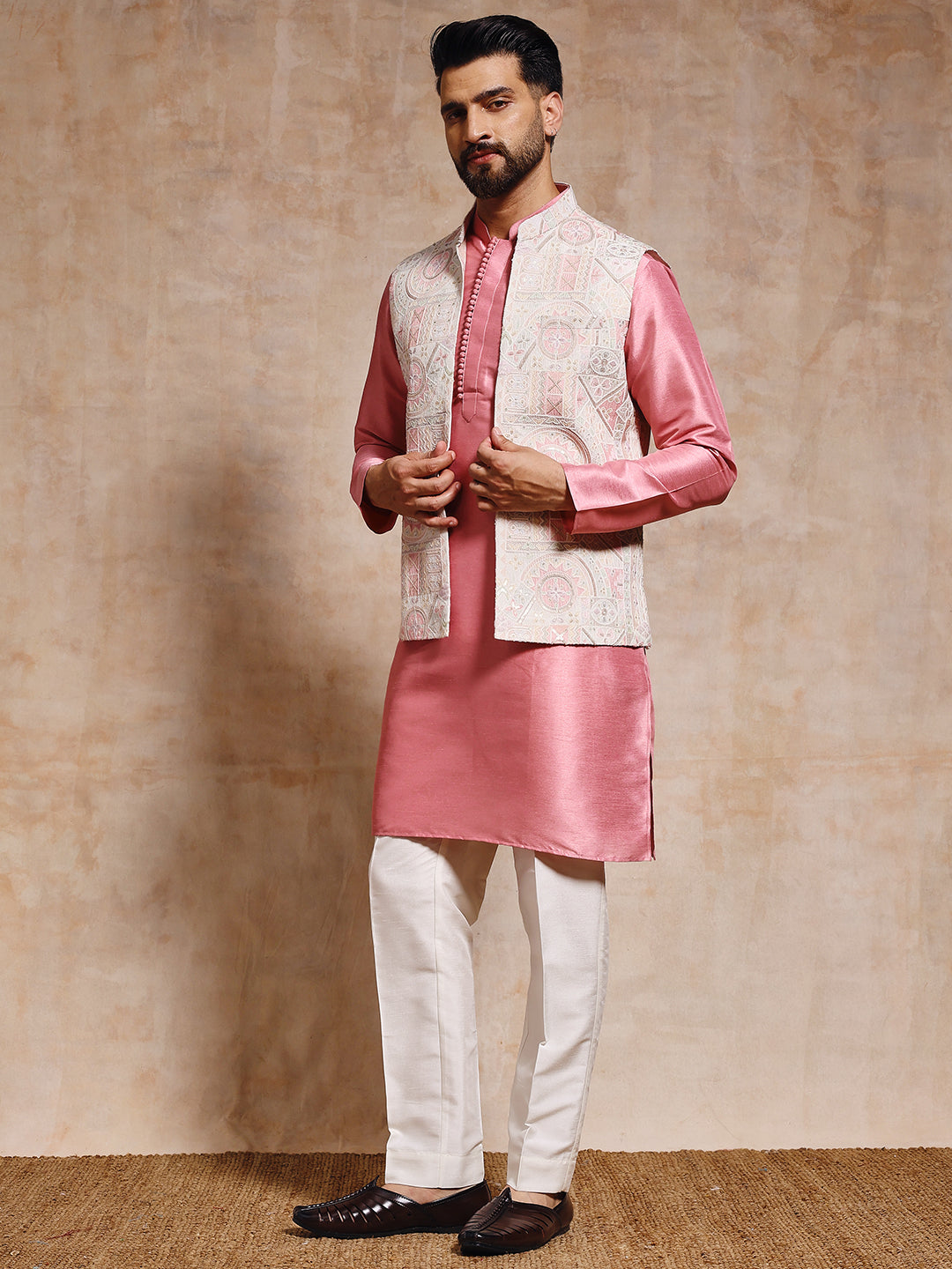 Men Rose Pink Nehru Jacket Set
