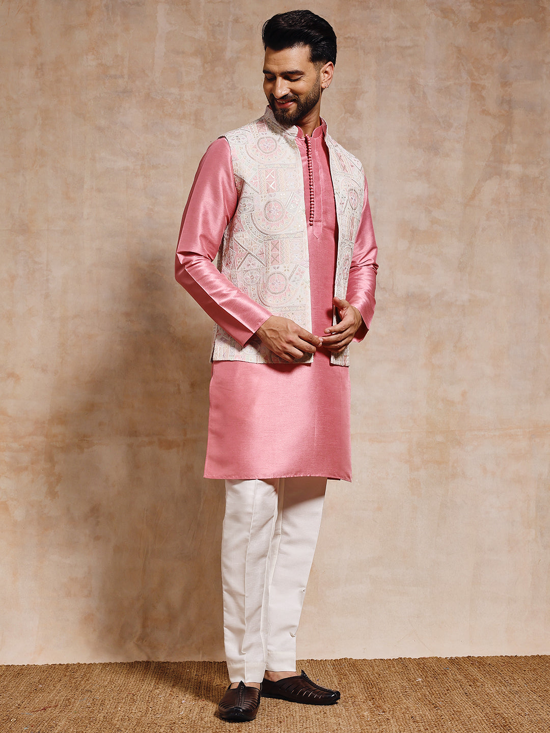 Men Rose Pink Nehru Jacket Set