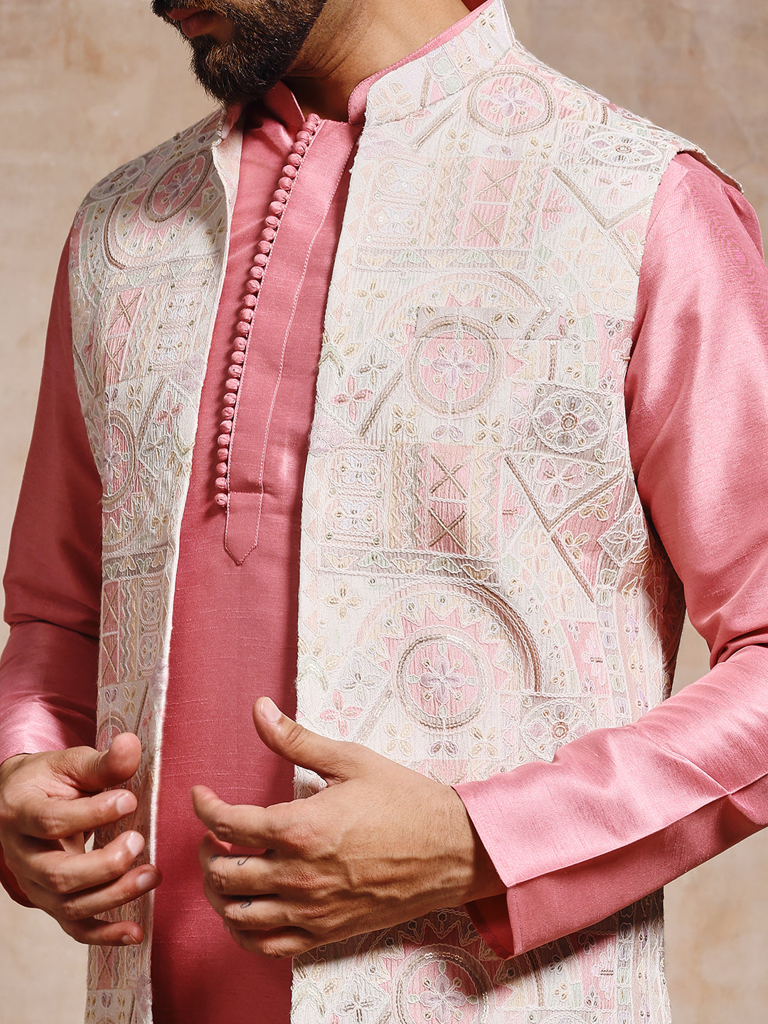 Men Rose Pink Nehru Jacket Set