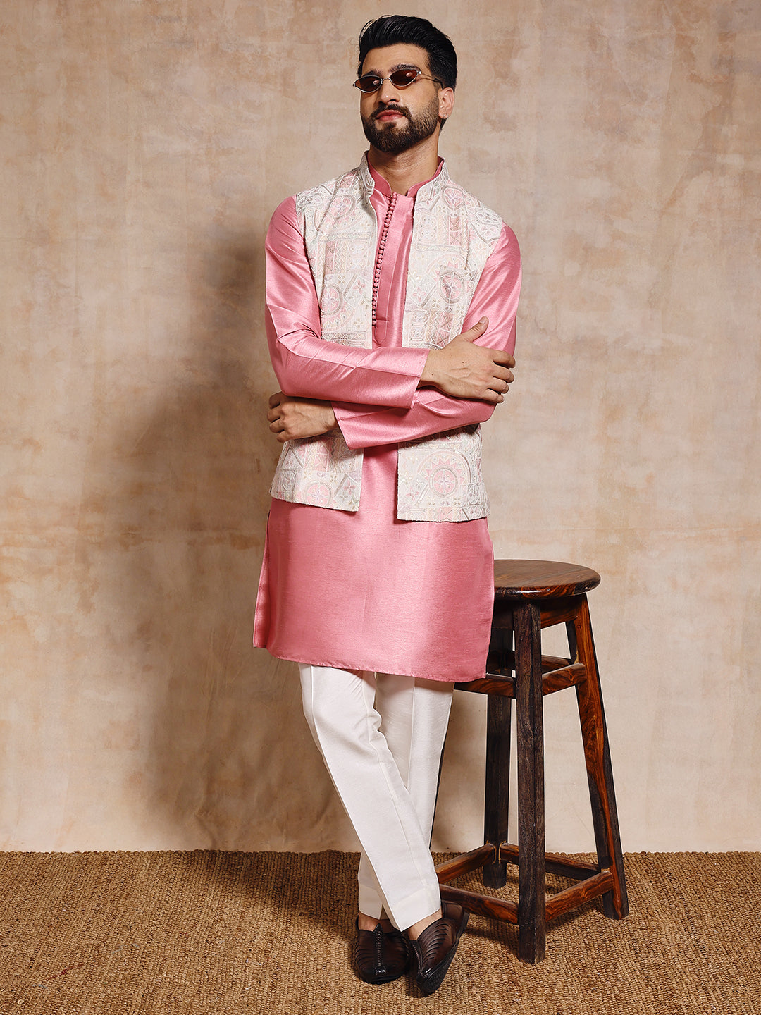 Men Rose Pink Nehru Jacket Set
