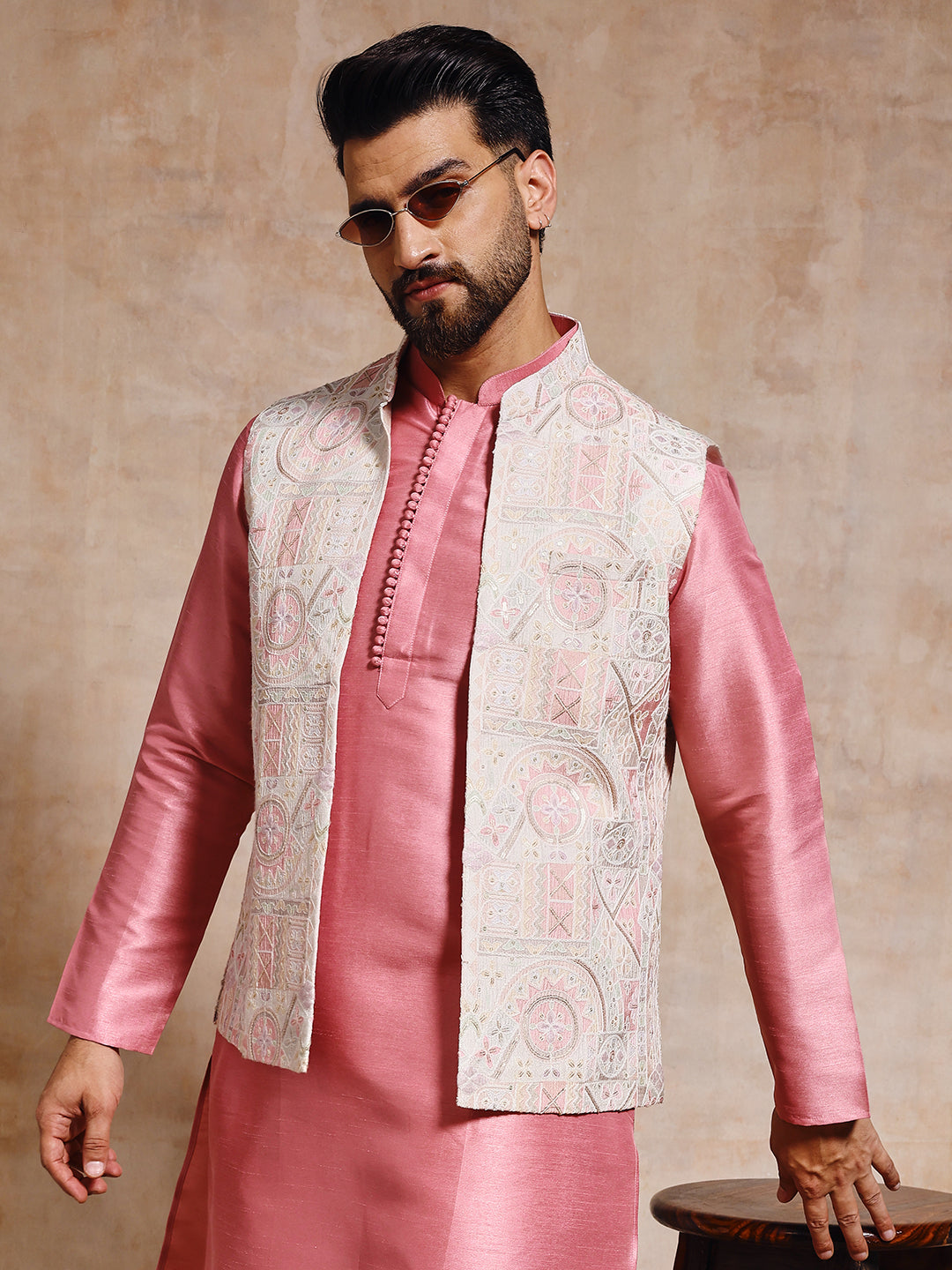Men Rose Pink Nehru Jacket Set