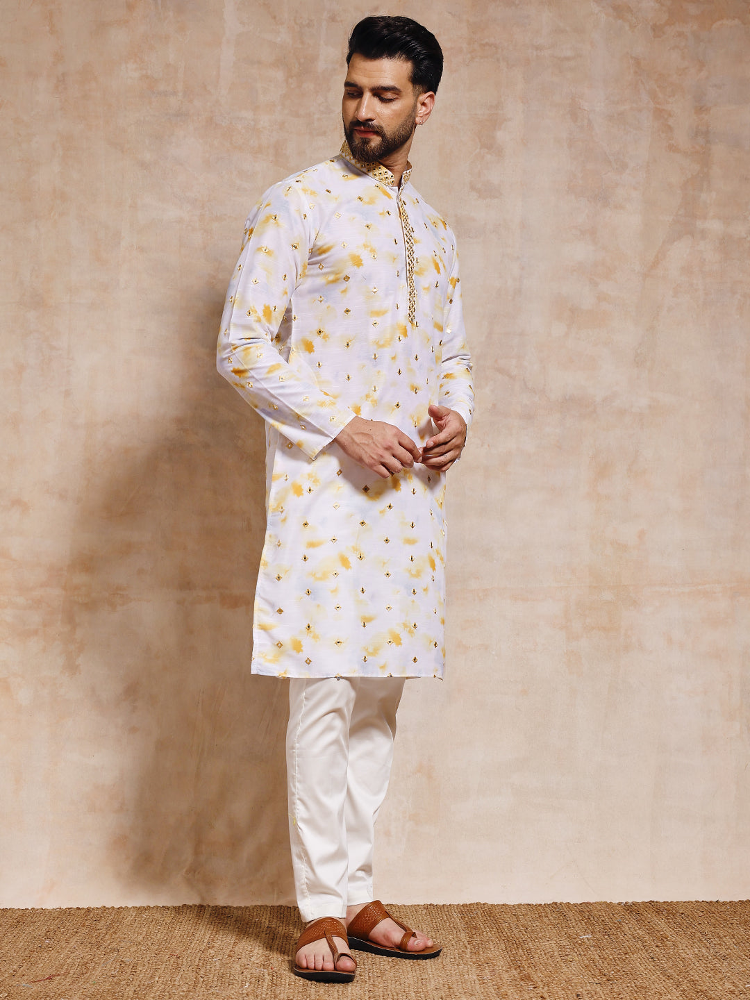 Magnet Men's Yellow Tye and Dye Kurta Trouser Set