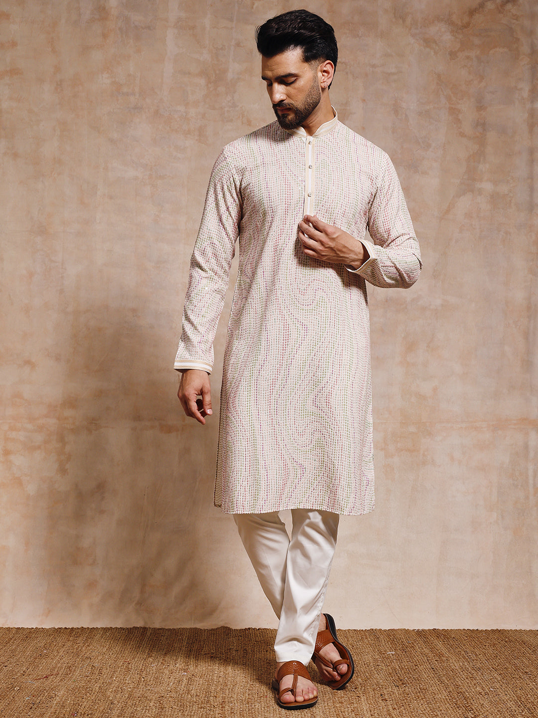 Off White Chickankari Kurta Trouser Set