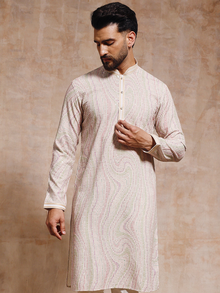 Off White Chickankari Kurta Trouser Set