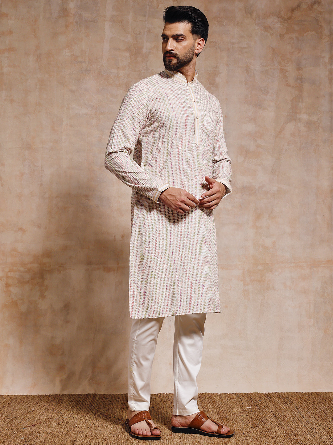 Off White Chickankari Kurta Trouser Set