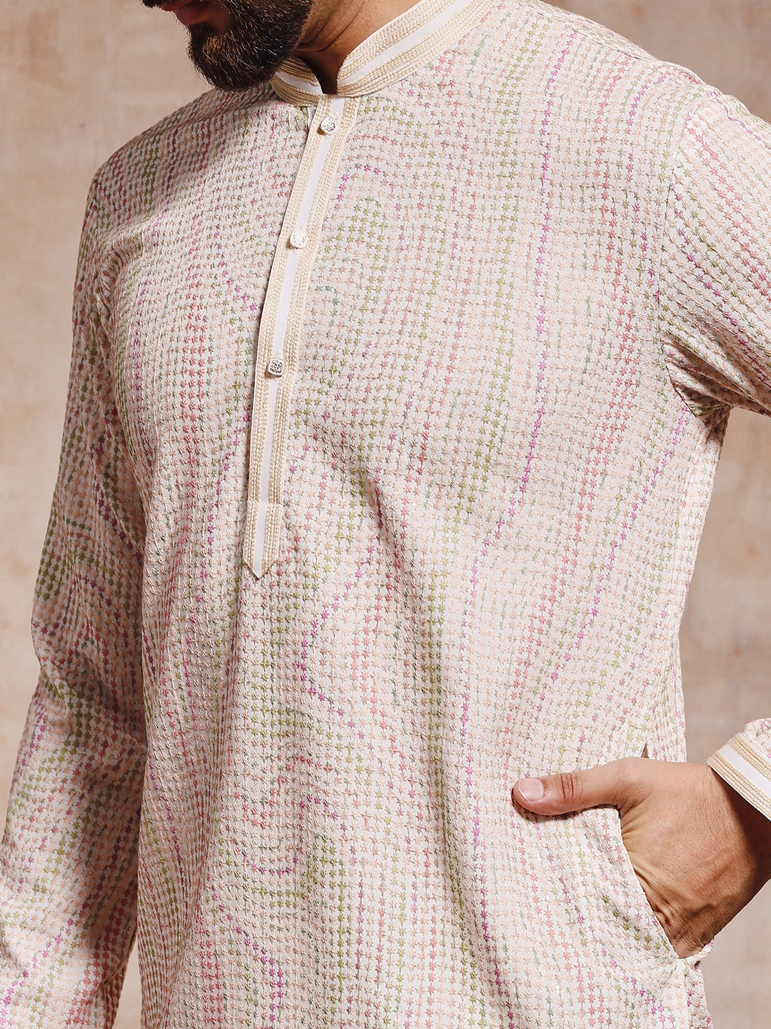 Off White Chickankari Kurta Trouser Set