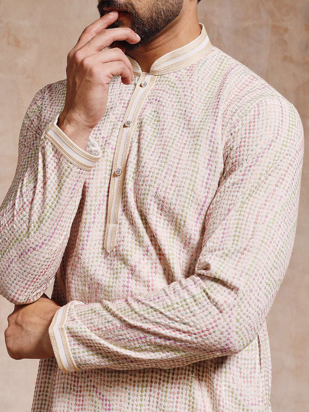 Off White Chickankari Kurta Trouser Set