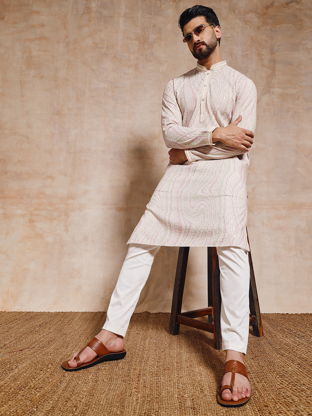 Magnet Men's Off White Chickankari Kurta Trouser Set