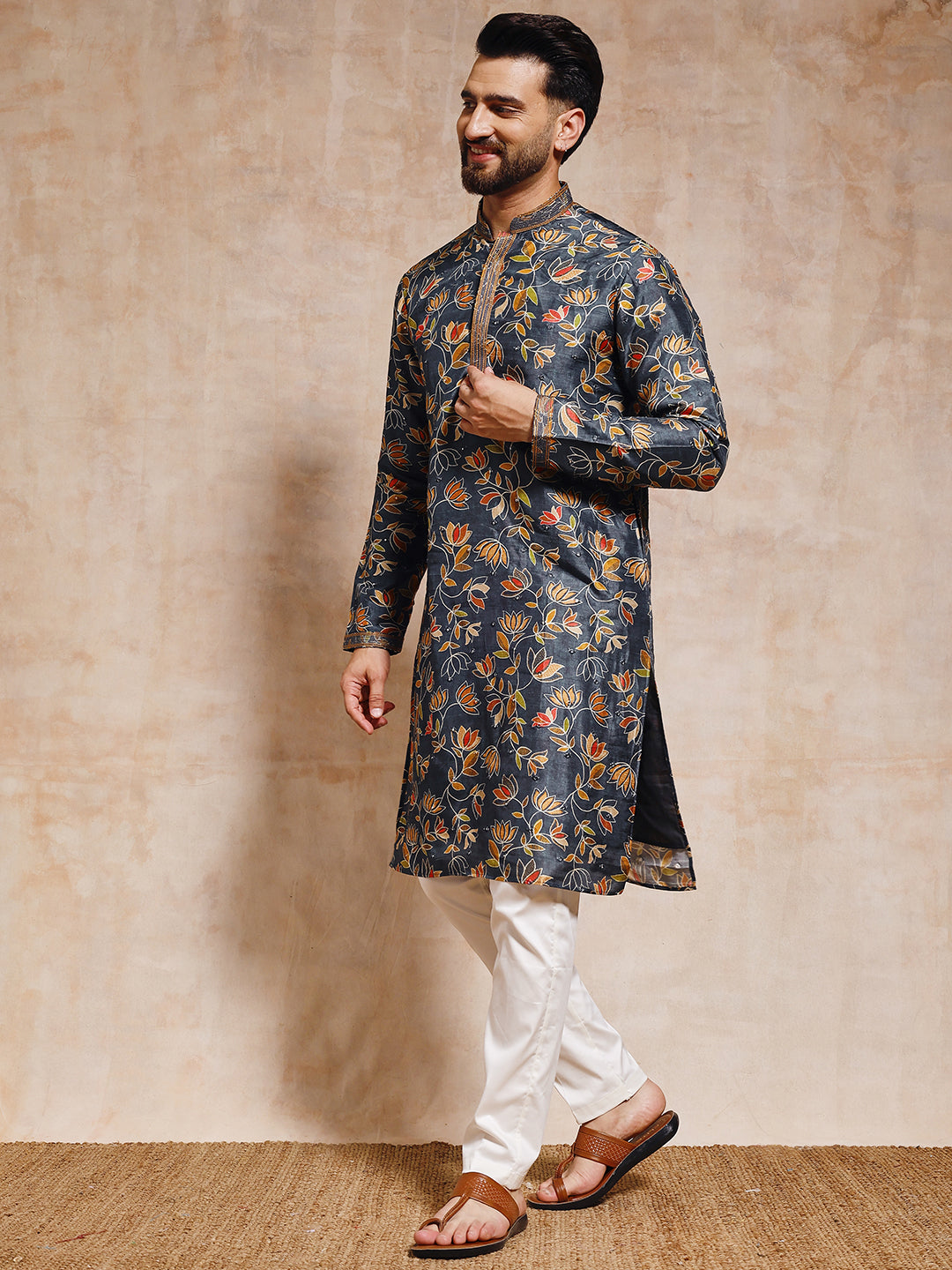 Magnet Men's Rama Floral Tusser Silk Kurta with Mirror Work Trouser Set