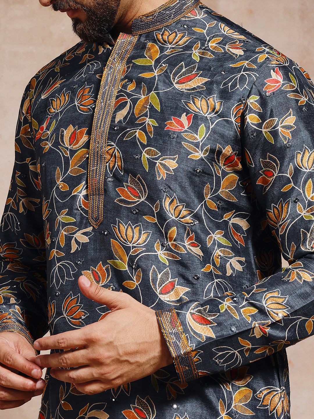 Magnet Men's Rama Floral Tusser Silk Kurta with Mirror Work Trouser Set