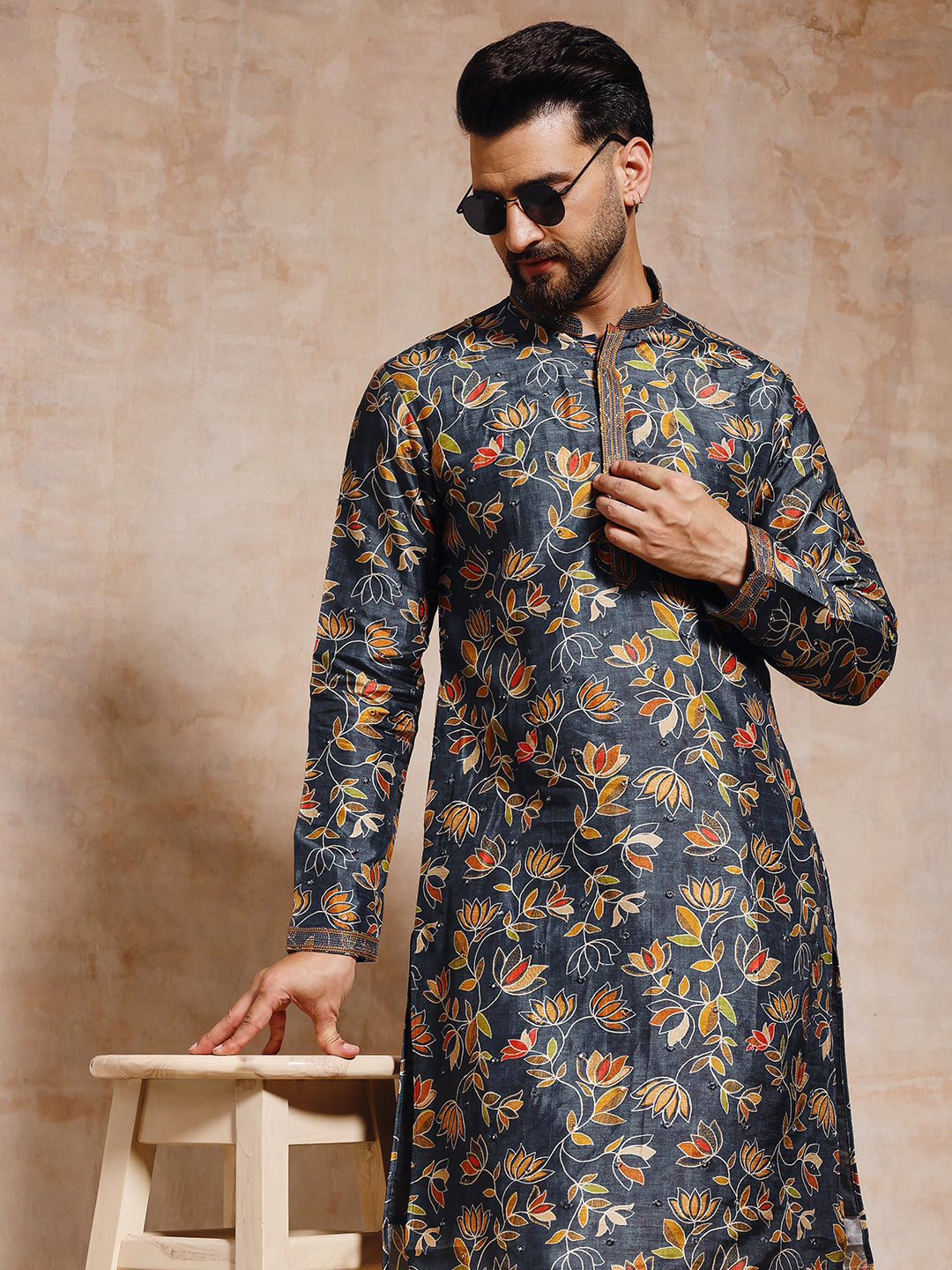 Magnet Men's Rama Floral Tusser Silk Kurta with Mirror Work Trouser Set