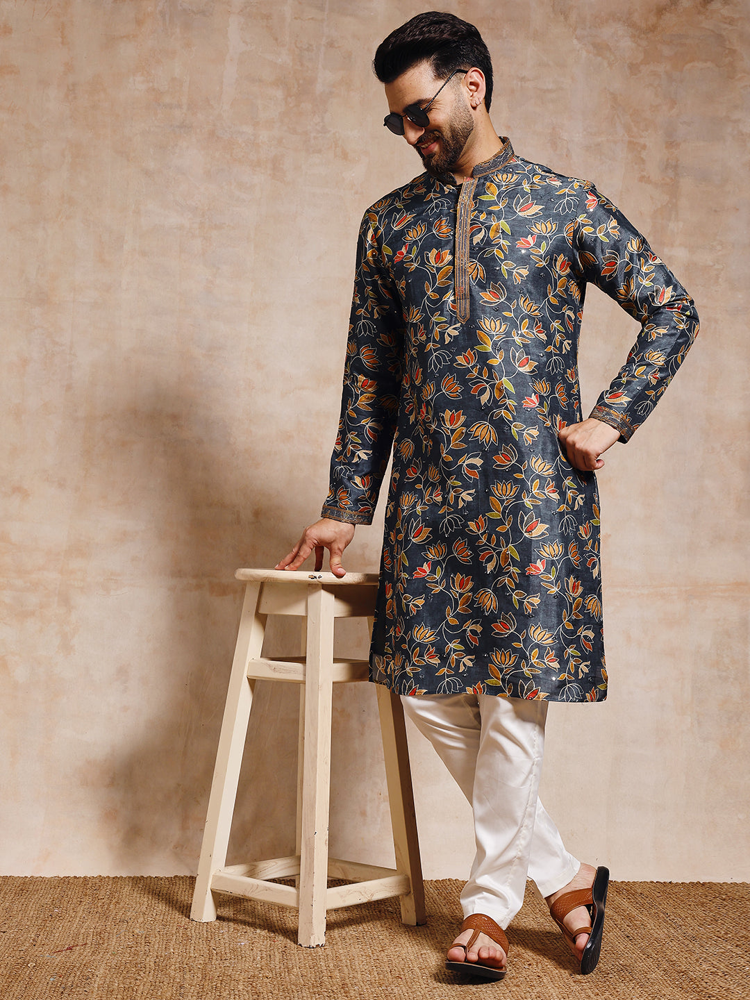 Magnet Men's Rama Floral Tusser Silk Kurta with Mirror Work Trouser Set