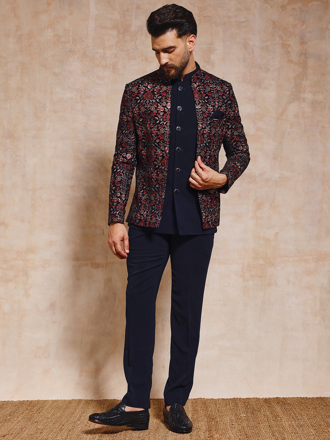 Navy Blue Velvet Open Jodhpuri Set