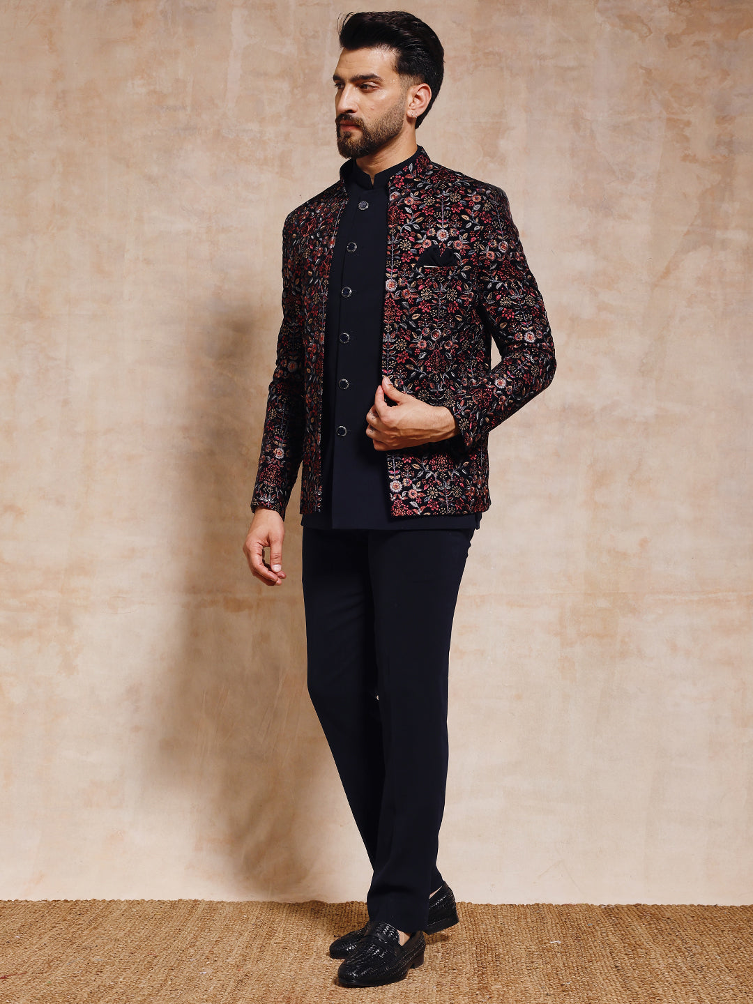 Navy Blue Velvet Open Jodhpuri Set