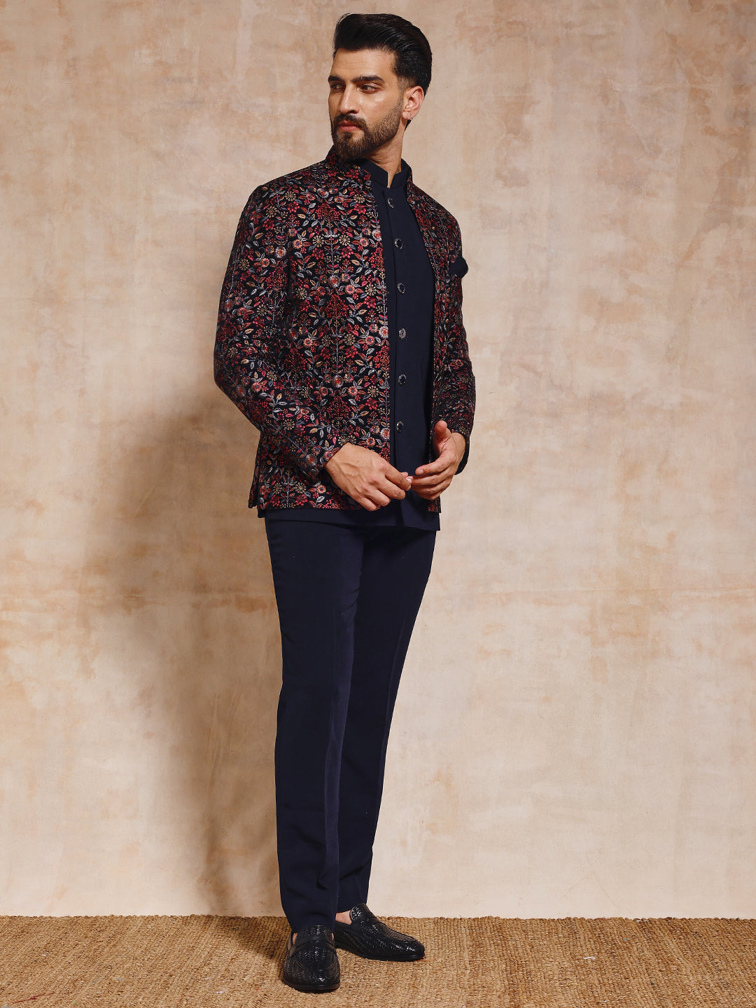 Navy Blue Velvet Open Jodhpuri Set