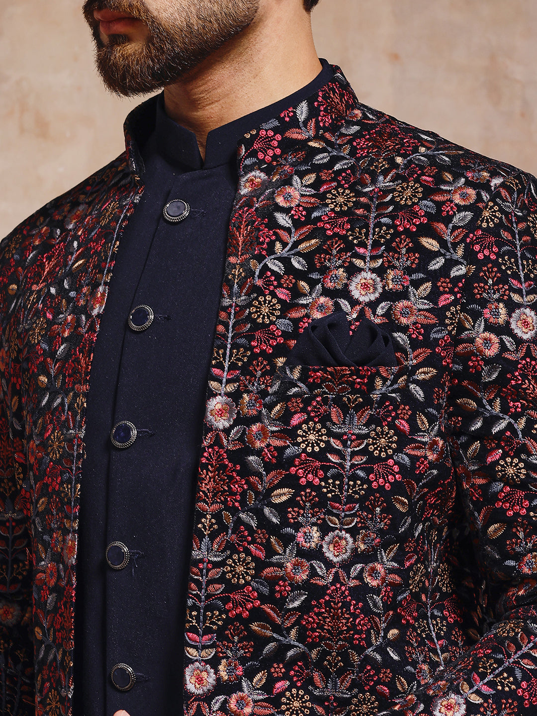 Navy Blue Velvet Open Jodhpuri Set