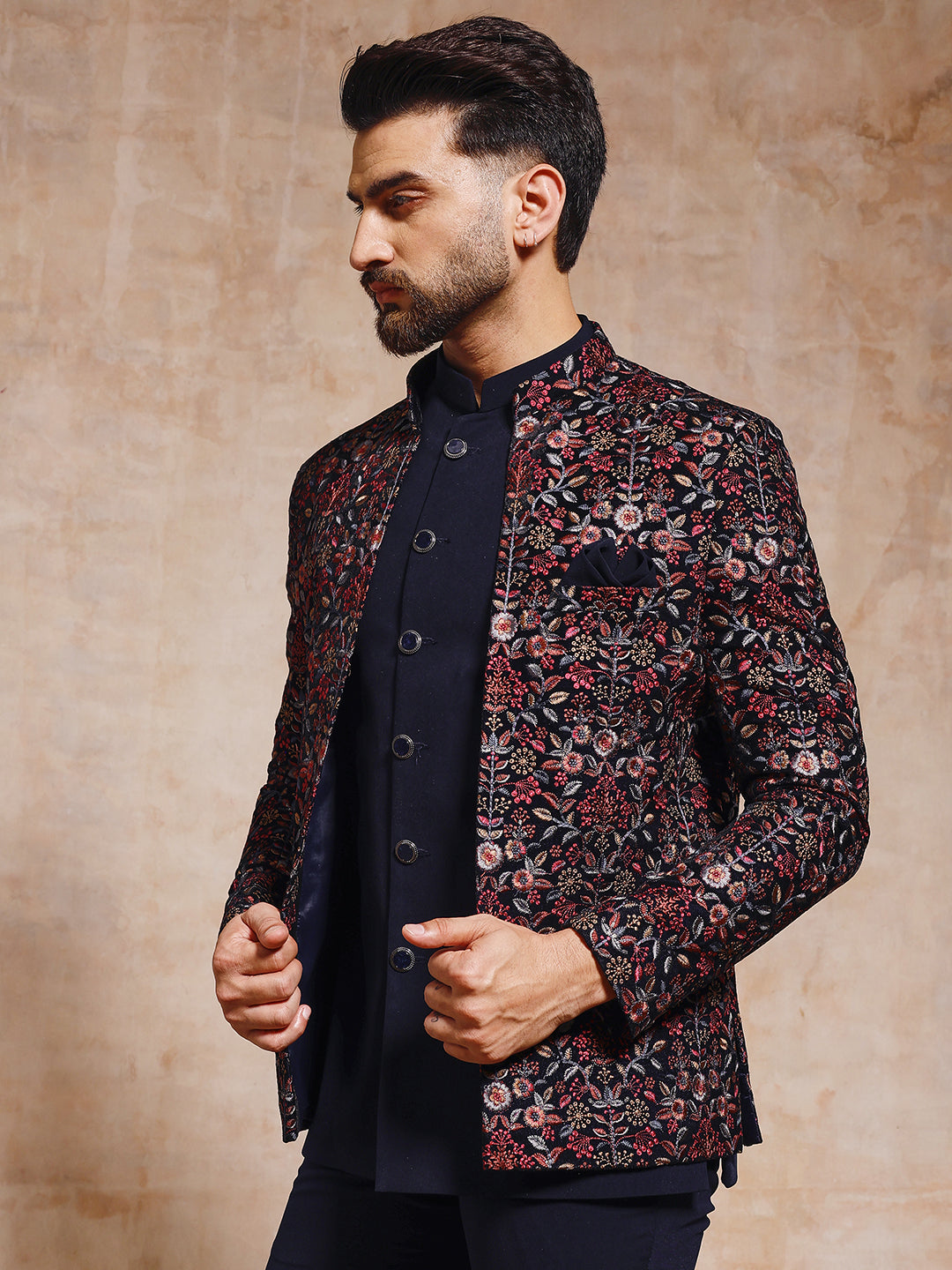 Navy Blue Velvet Open Jodhpuri Set