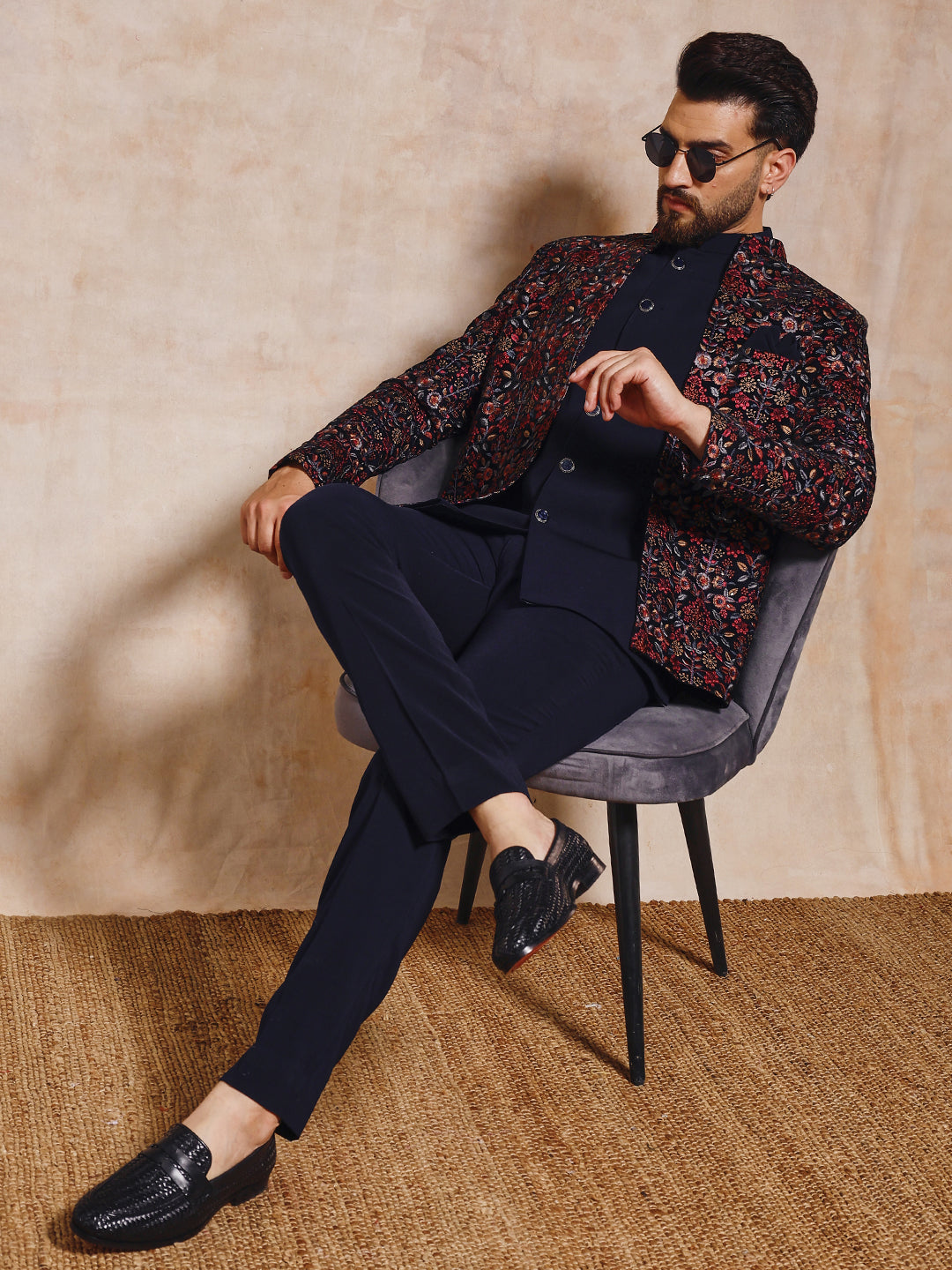 Navy Blue Velvet Open Jodhpuri Set