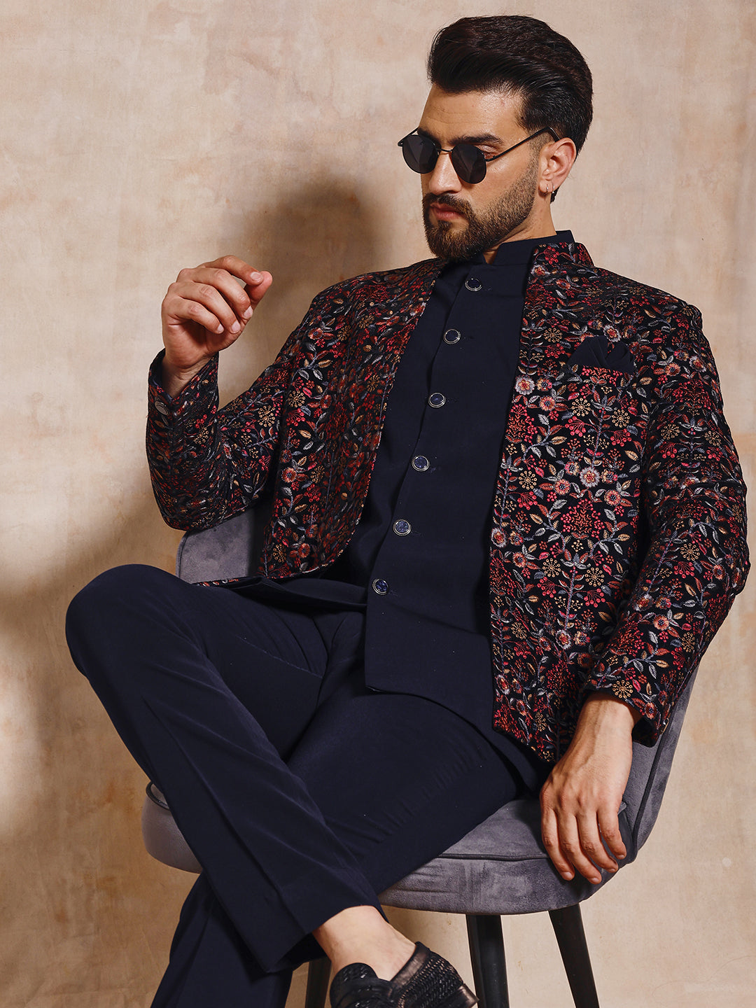 Navy Blue Velvet Open Jodhpuri Set