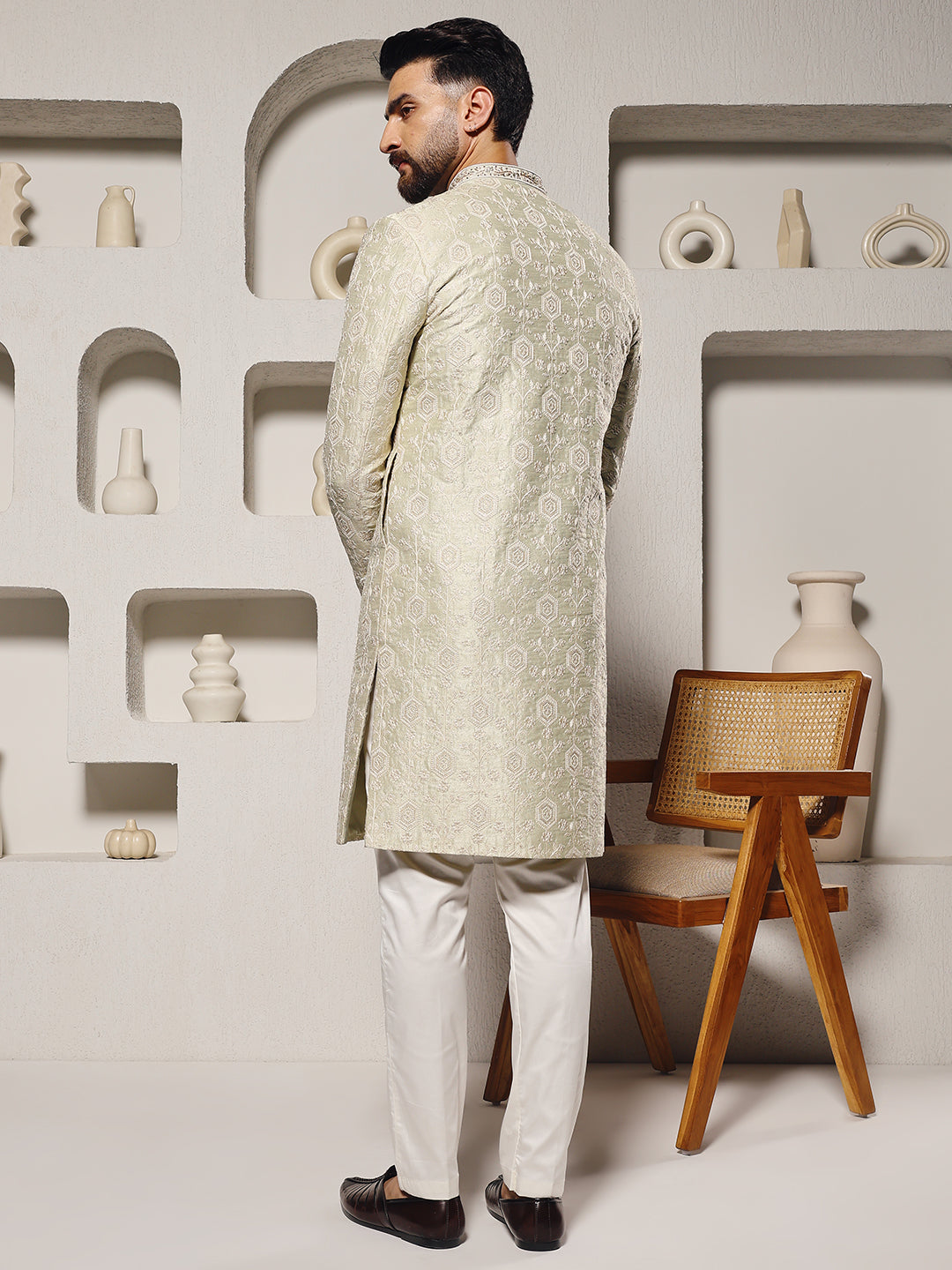 Pista Lucknowi Work Sherwani Set