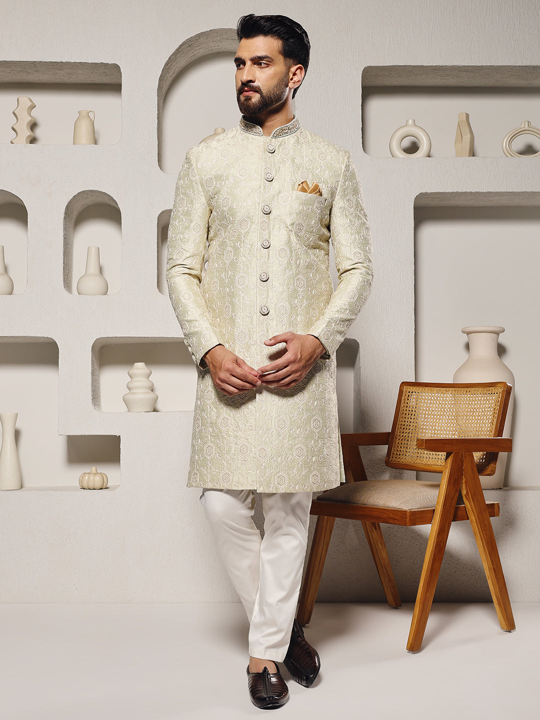 Pista Lucknowi Work Sherwani Set