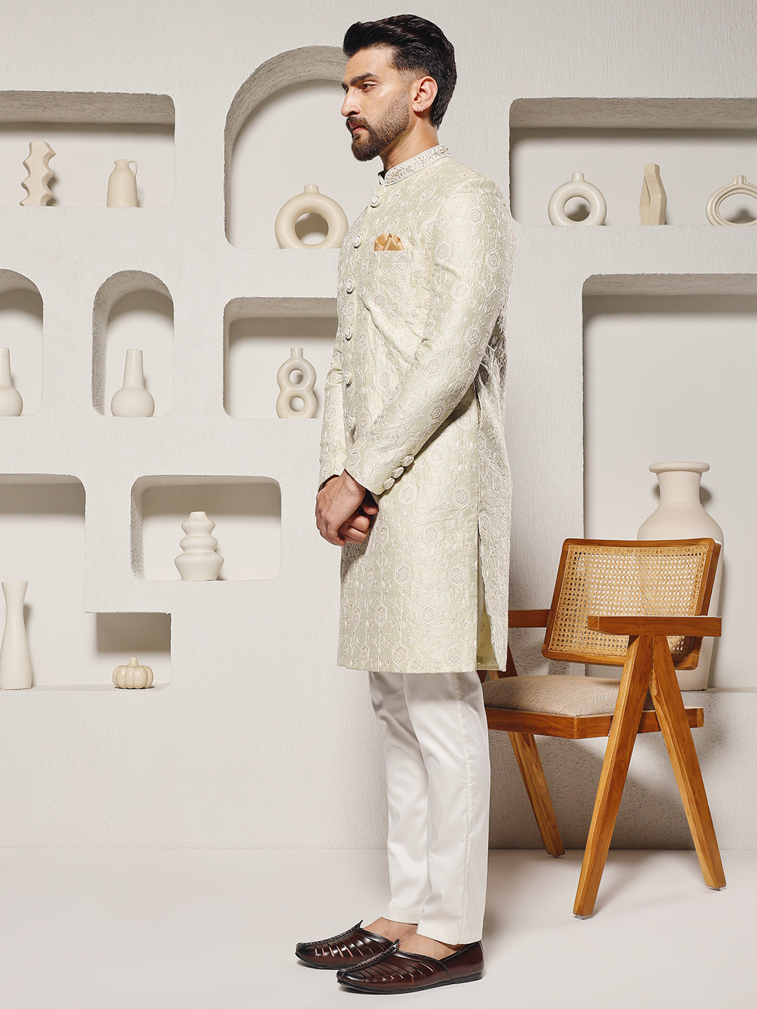 Pista Lucknowi Work Sherwani Set