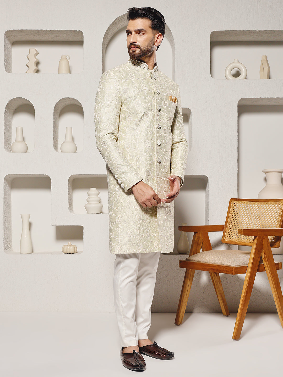 Pista Lucknowi Work Sherwani Set
