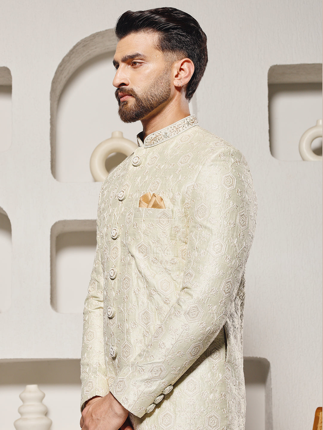 Pista Lucknowi Work Sherwani Set