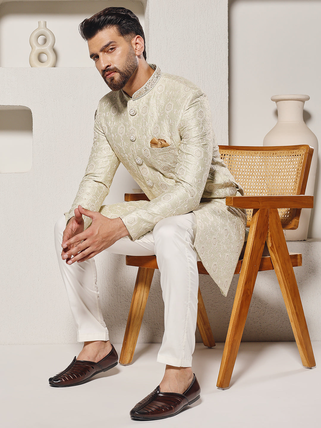 Pista Lucknowi Work Sherwani Set