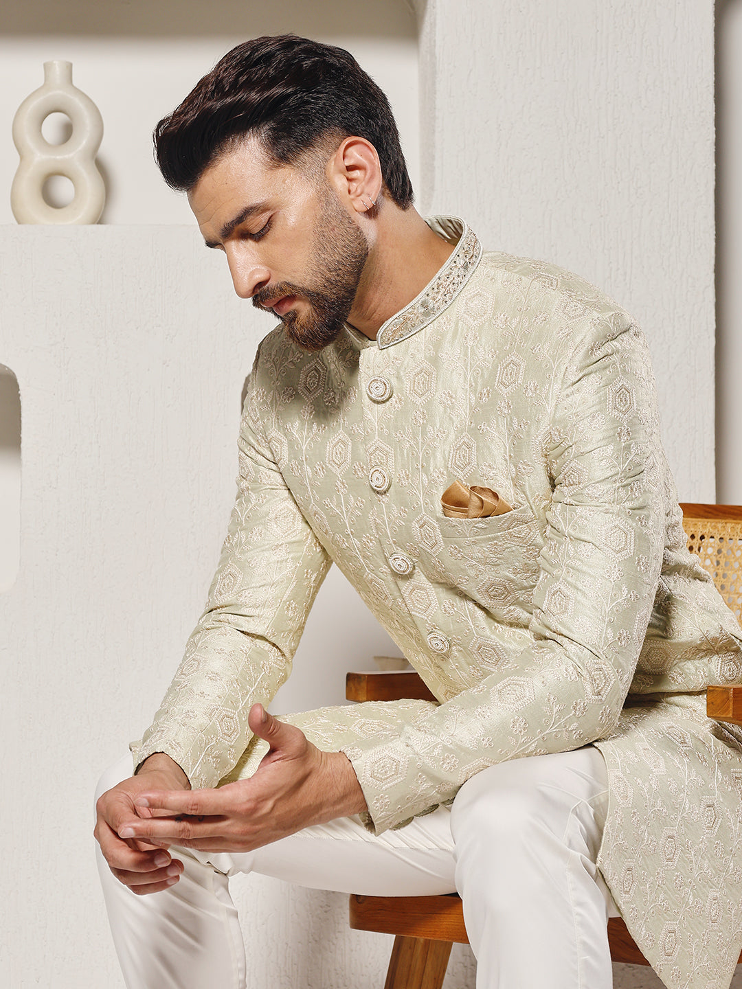Pista Lucknowi Work Sherwani Set