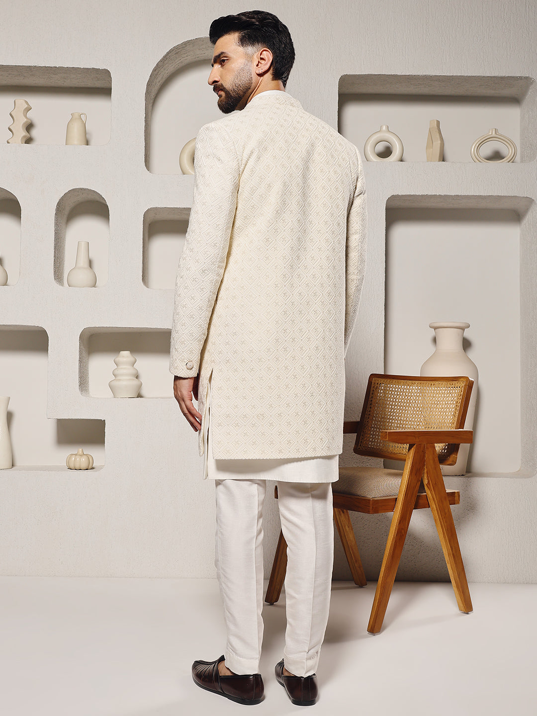 Off White Lucknowi 3 Piece Indowestern Set