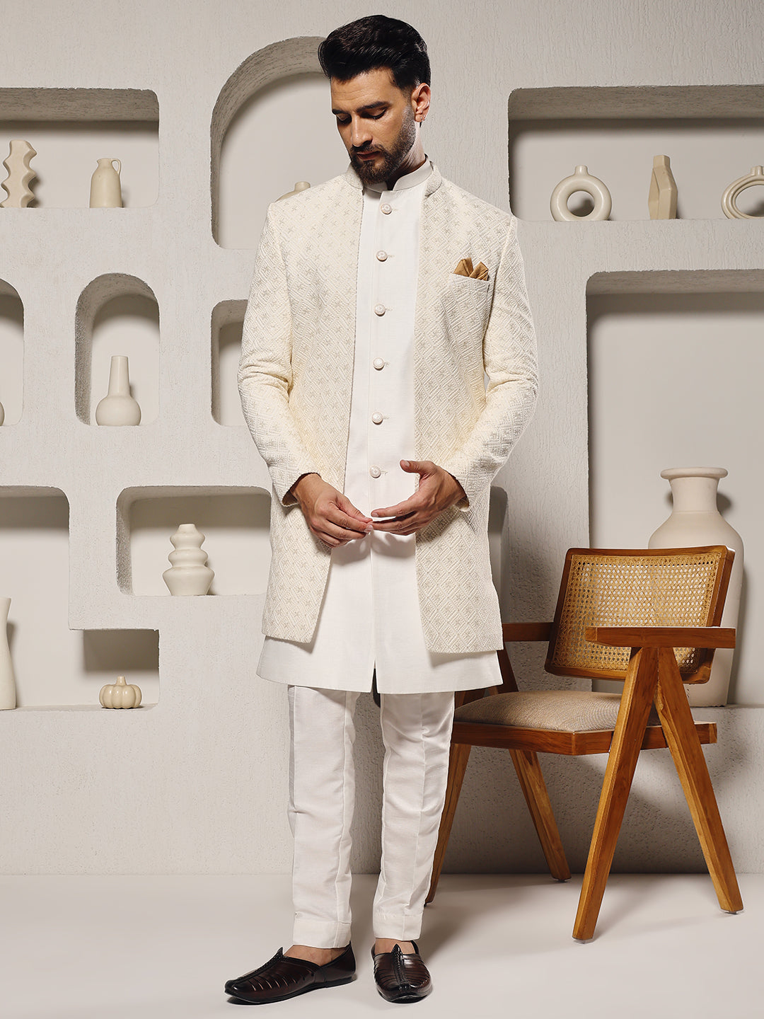 Off White Lucknowi 3 Piece Indowestern Set
