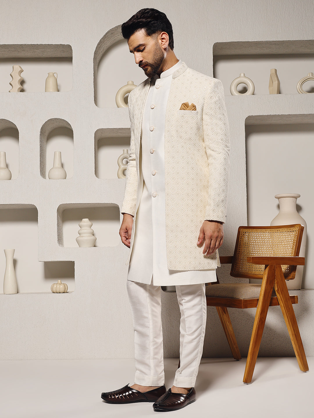 Magnet Men's Off White Lucknowi 3 Piece Indowestern Set