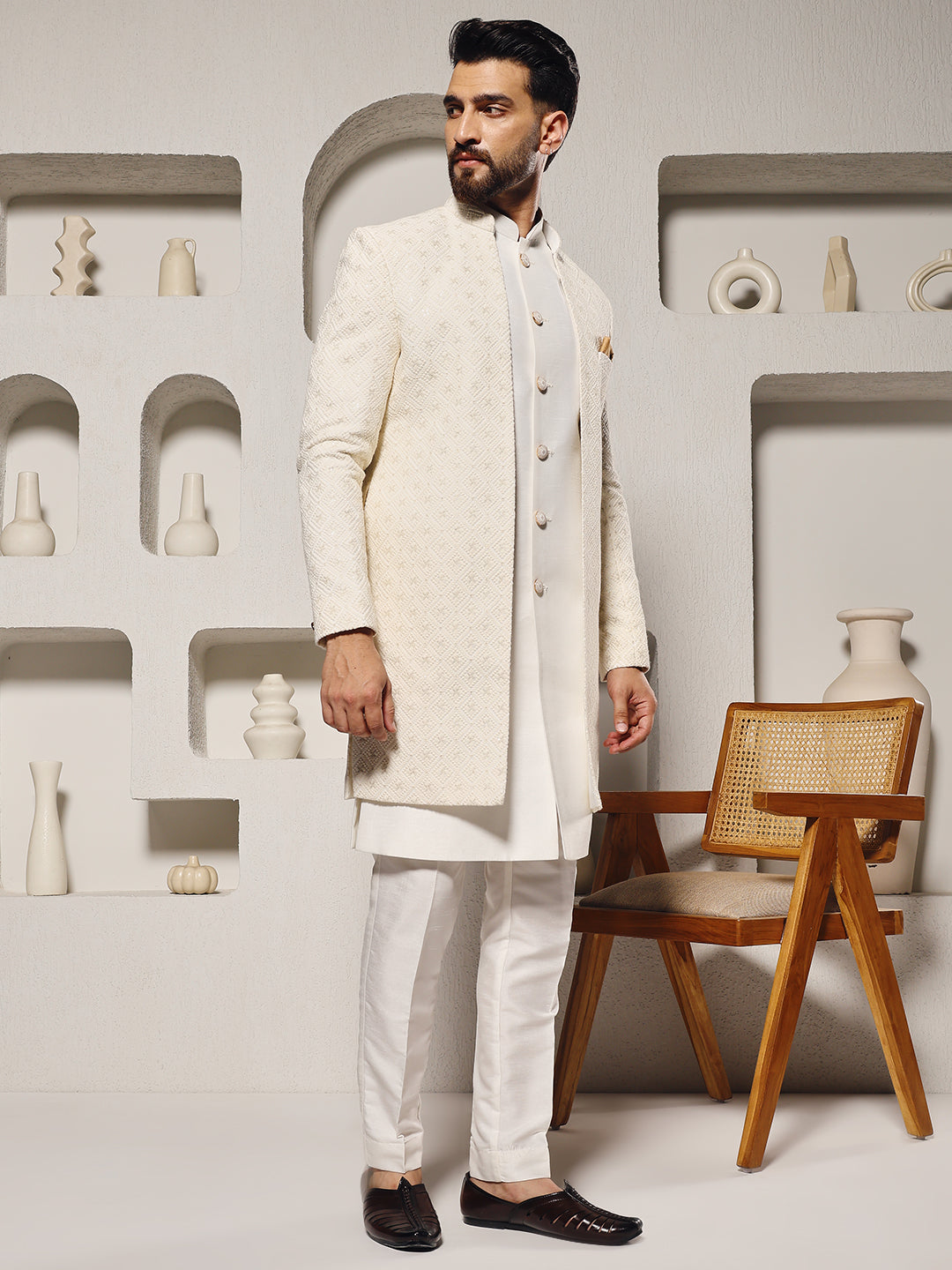 Magnet Men's Off White Lucknowi 3 Piece Indowestern Set