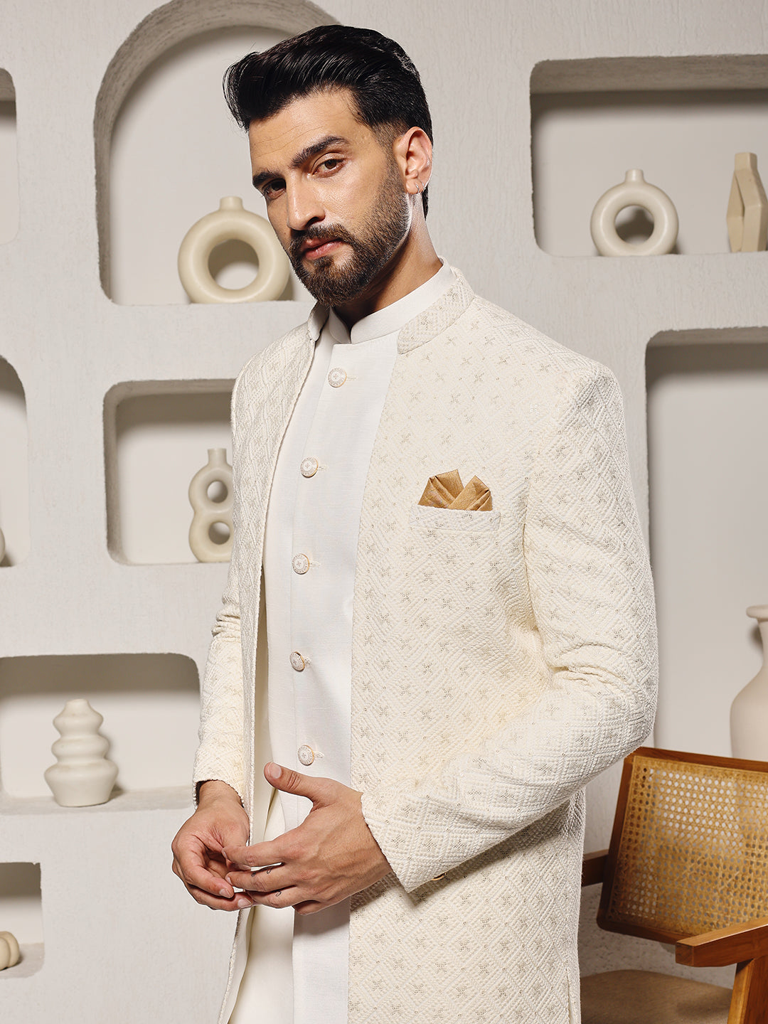 Magnet Men's Off White Lucknowi 3 Piece Indowestern Set