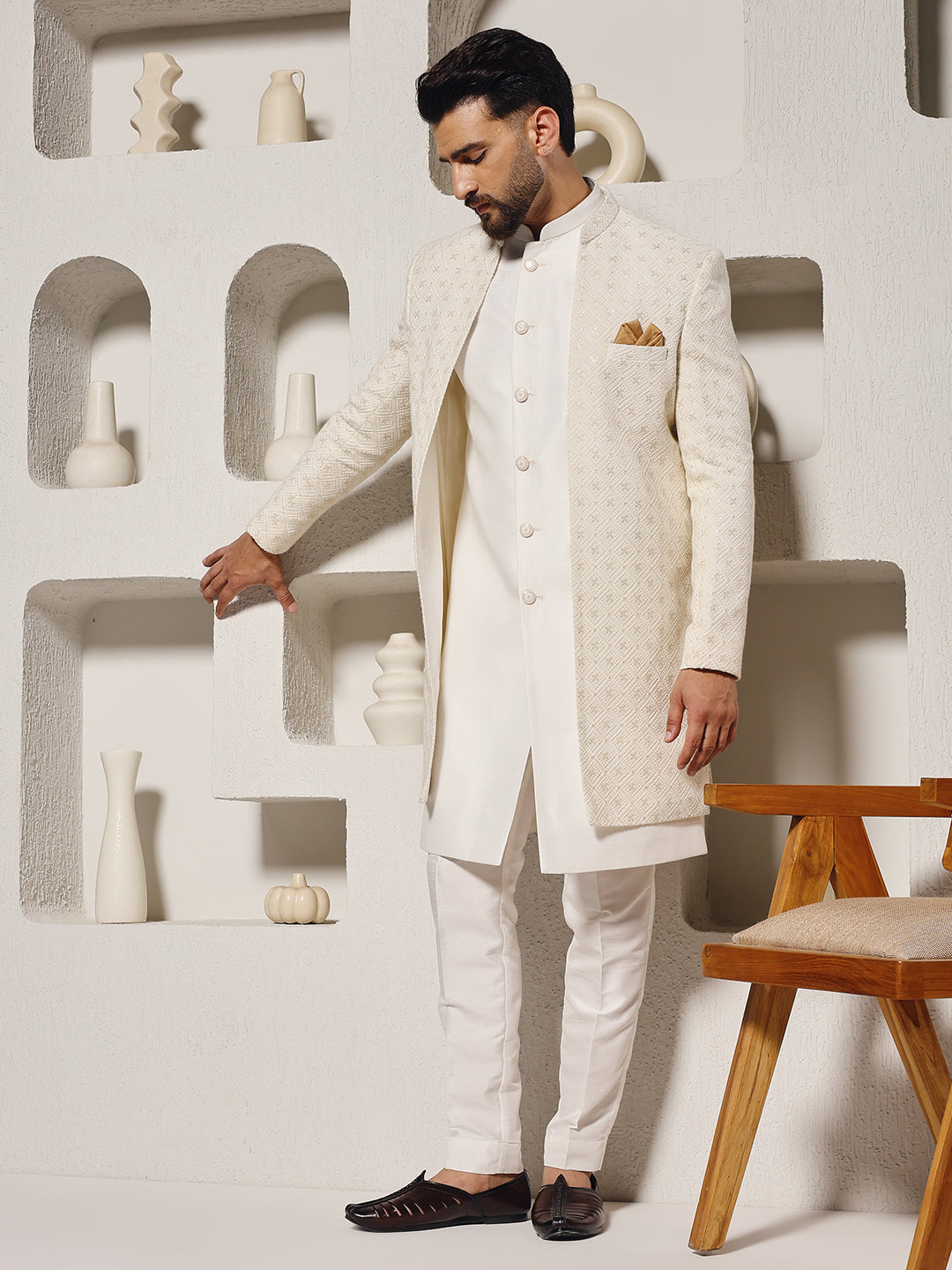 Magnet Men's Off White Lucknowi 3 Piece Indowestern Set