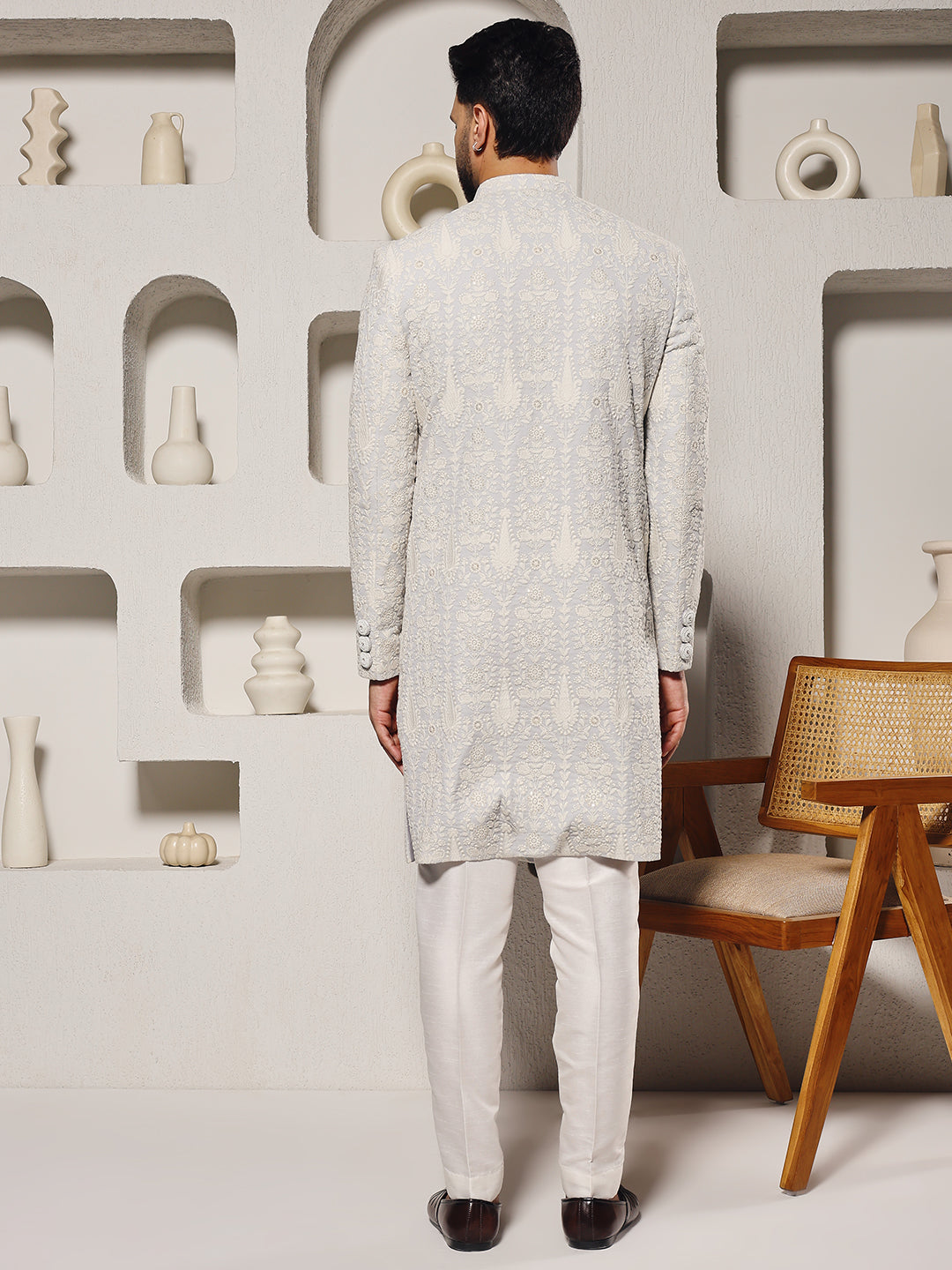 Men Grey Georgette Embroidered Sherwani Set